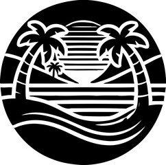 Silhouette of tropical beach with palm trees and sunset, summer and vacation icon, island paradise illustration
