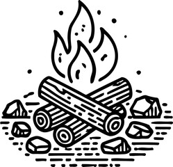 Silhouette of campfire with logs and stones, camping and outdoor activity icon, firewood illustration
