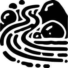 Silhouette of flowing river with rocks, nature and landscape icon, water and wilderness illustration
