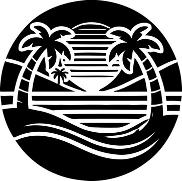 Silhouette of tropical beach with palm trees and sunset, summer and vacation icon, island paradise illustration
