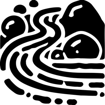 Silhouette of flowing river with rocks, nature and landscape icon, water and wilderness illustration
