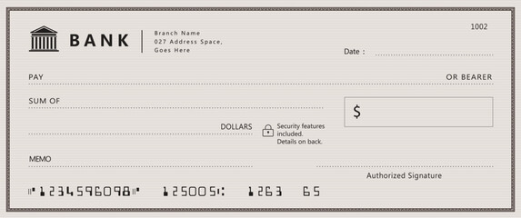 Red Bank check, vector blank money cheque, checkbook template with guilloche pattern and fields. Currency payment coupon, money check background