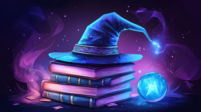 Wizard's hat, wizard academy castle and books of magic spells. Magic Academy Tower. Illustration
