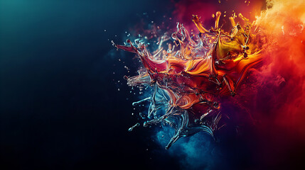 Fototapeta premium Vibrant abstract composition of flowing colors and water droplets against a dark background