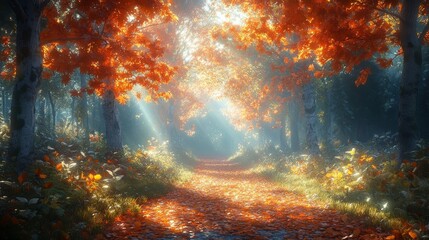 Wide shot of a serene forest path covered in autumn leaves, with sunlight filtering through the trees, creating a peaceful atmosphere, Photorealistic