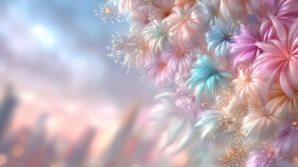 Obraz premium Delicate pastel flowers bloom with soft light against a dreamy background at dusk, creating an ethereal atmosphere