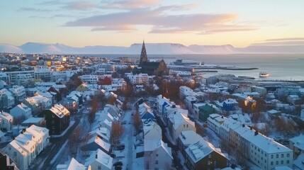 Aerial View of Snowy Reykjavik at Sunrise