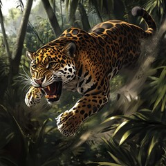 Obraz premium A powerful jaguar leaps through the jungle, its teeth bared in a fierce growl.