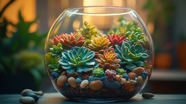 Close-up of a glass terrarium featuring succulents and decorative stones, set against a neutral backdrop highlighting its details, Photorealistic
