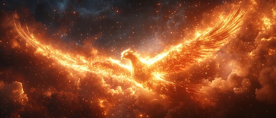 Obraz premium A fiery phoenix soars through a stormy sky.