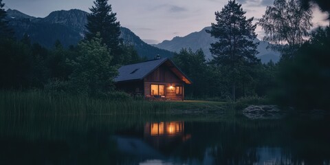 Obraz premium Cabin by the Lake with Mountain View in the Evening