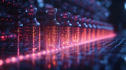 Obraz premium A row of glass bottles with glowing red and orange digital code inside, on a dark background.