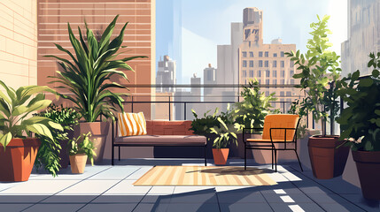 Urban oasis on rooftop- features comfy seating nooks lush potted plants hidden gem in city heart, perfect urban retreat. Hidden Oasis. Illustration