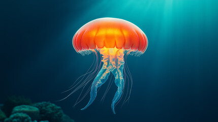 Naklejka premium Glowing Jellyfish Drifting in Deep Blue Ocean Waters