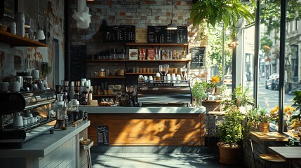 Obraz premium Contemporary Coffee Shop with Minimalist Design and Cozy Atmosphere
