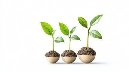 Three small plants with green leaves growing in beige pots, symbolizing growth and nature.