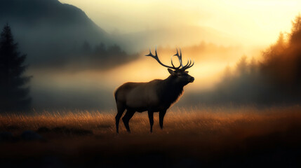 Fototapeta premium Majestic elk standing in a misty forest meadow during sunrise with golden light illuminating the landscape