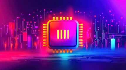 Colorful microchip illustration with digital circuit background, vibrant neon lights, and futuristic design.