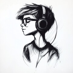 Sketch of a young person with headphones and glasses, drawn in black and white.