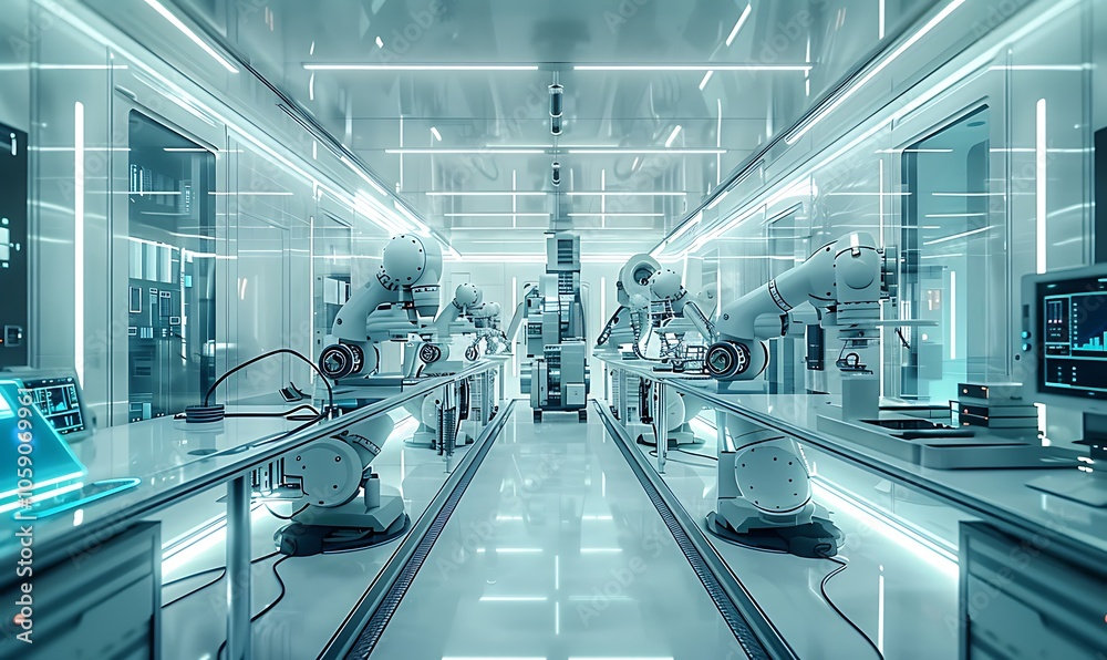 Aufkleber A high-tech robotic lab featuring rows of automated machines and digital screens in a streamlined, futuristic environment.