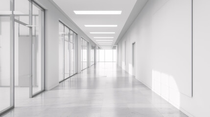 White Open Space Office Corridor with Mock-Up Wall