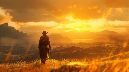 Fototapeta premium Fearless cowboy with lasso stands confidently on grassy plain at golden hour with mountains behind