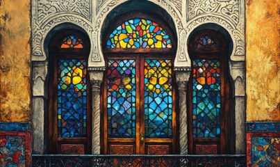 Obraz premium Ornate stained glass windows in a stone archway.