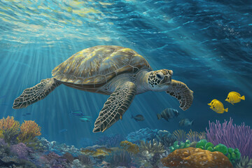 Fototapeta premium Bright rays of sunlight filter through the ocean surface as a green sea turtle glides past colorful corals and curious fish, showcasing marine beauty.
