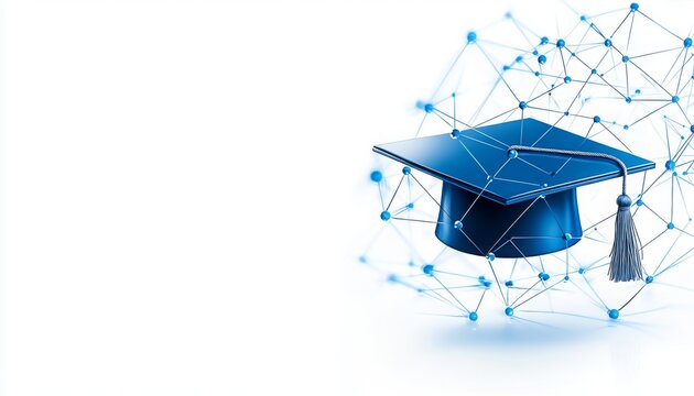 Digital graduation cap icon in low poly wireframe,banner education technology and e-learning platforms, learning and academic achievement. mba graduation hat.	
