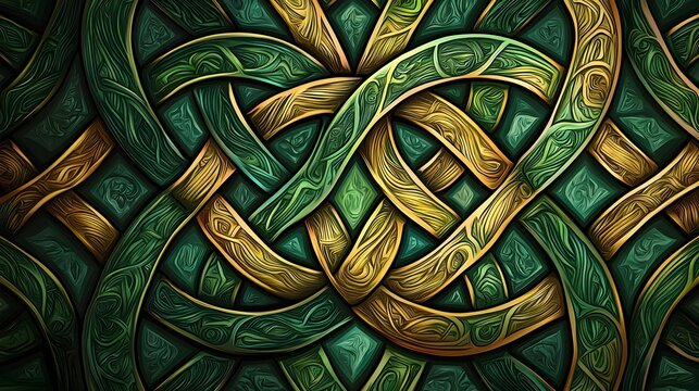 Intricate Tribal Background with Celtic Knots in Green and Gold