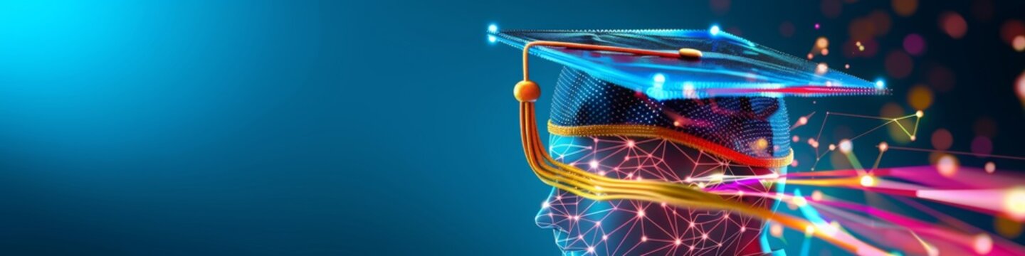 Digital graduation cap icon in low poly wireframe,banner education technology and e-learning platforms, learning and academic achievement. mba graduation hat.	
