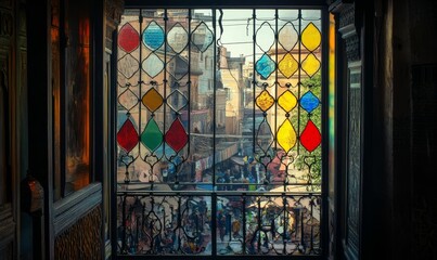 Obraz premium Stained glass window shows busy city street.