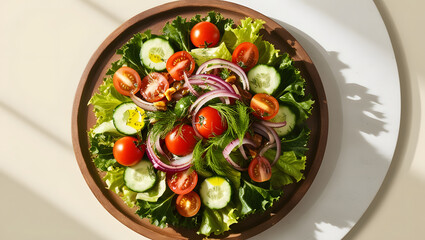 A beautifully arranged salad with thinly sliced onions, tomatoes, cucumbers, and lettuce, drizzled with olive oil and sprinkled with herbs.