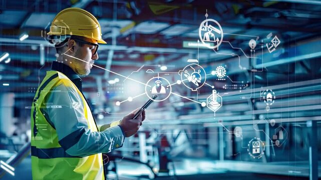 Smart Factory: Industry 4.0 Engineer uses tablet in modern factory. Digital transformation, automation, and technological advancements in manufacturing. 