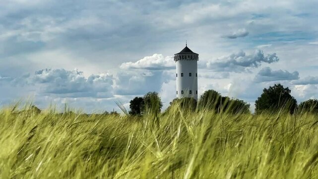 Wasserturm in Deutschland, im Vordergrund ein Getreide Feld