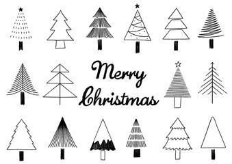 Obraz premium クリスマスツリー 手書き線画イラストセット 装飾