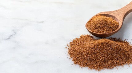 Brown spice in a wooden spoon, scattered on a marble surface.