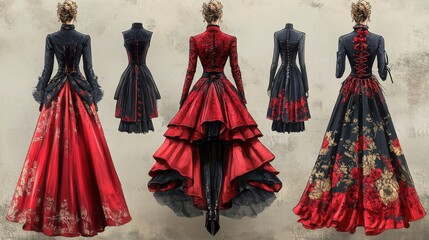 Fototapeta premium Fashion illustration of four women wearing long dresses in a variety of styles. Red, black, and gold dominate the design and the dresses feature lace, ruffles, and floral patterns.