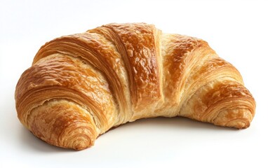 Close-up shot of a croissant on a white background, isolated with a clean clipping path. The image captures the delicate layers and rich golden color of the pastry