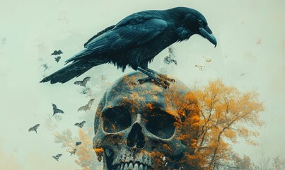 Obraz premium A crow sits on a skull with bats flying around.