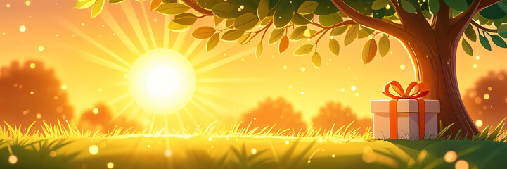 Fototapeta premium Serene scene of a sunset with a tree and presents in the foreground, set against a backdrop of silhouetted trees and a clear sky.