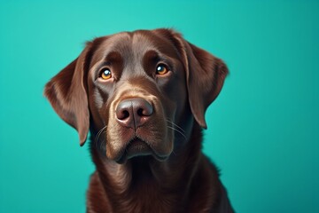 Close-up of a chocolate Labrador retriever against a solid teal background, highlighting the dog&rsquo;s expressive eyes with ample copy space.