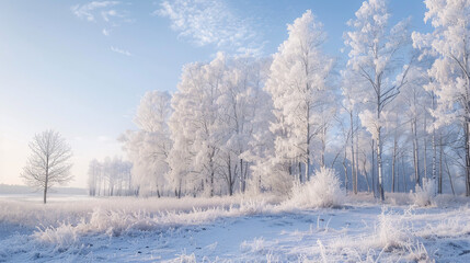 White Wood Covered with Frost: Frosty Landscape