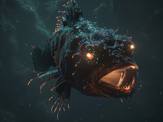 
A deep-sea anglerfish with a bioluminescent lure, floating in the dark abyss of the ocean, with eerie light emanating from its lure and highlighting its sharp teeth, surrounded by inky darkness, cine