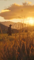 Obraz premium Cowboy with lasso in grassy plain at golden hour, highlighting strength against distant mountains