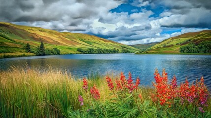 Obraz premium Scenic Lake with Colorful Flowers and Rolling Hills