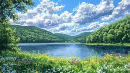 Serene Lakeside Landscape with Lush Greenery and Clouds