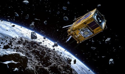 Satellite orbits asteroid field near planet.