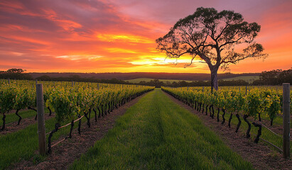 Naklejka premium A panoramic view of the vineyards at sunset, with green grass and trees