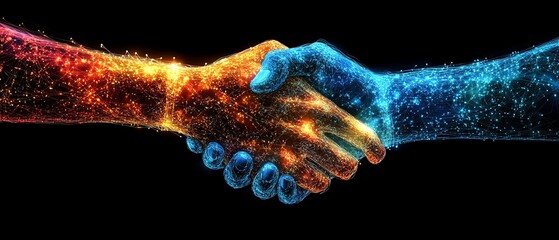 Artistic depiction of a handshake made of digital data streams, representing the connection between social networks and business technologies in fostering partnerships